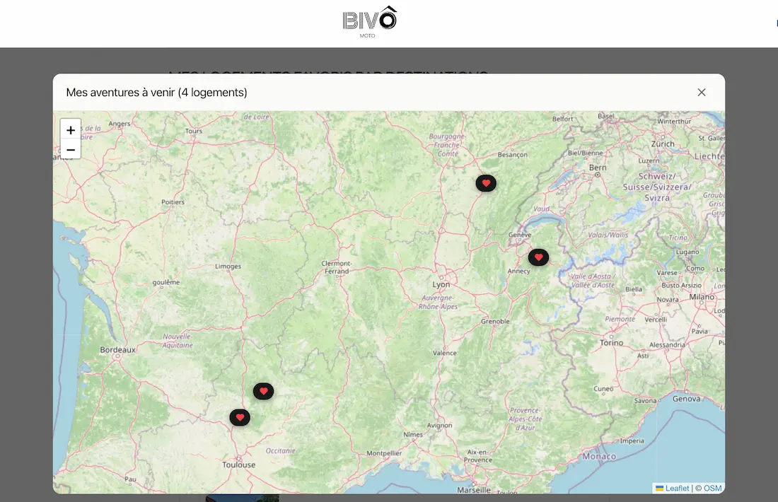 carte favoris Bivo Moto étapes road trip itinéraire